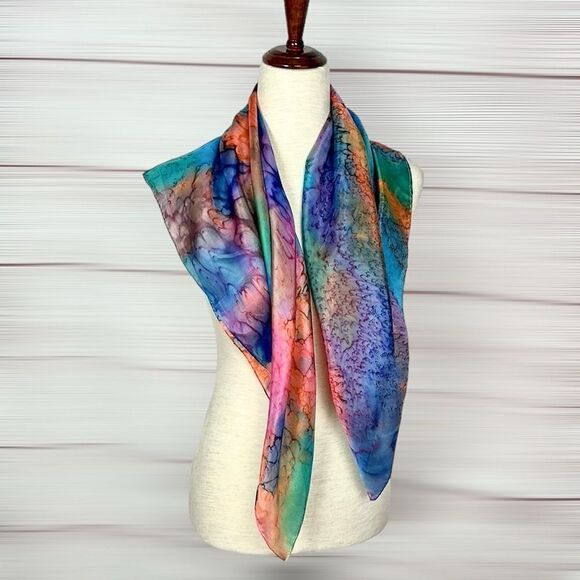 Silk Square Scarf by Lotus Watercolor Tie Dye 35" Blue Orange Green Hand Rolled - Picture 5 of 11